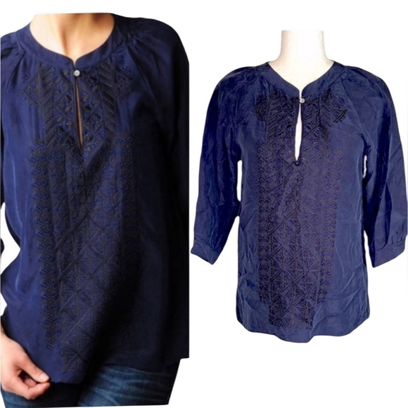 Theory Reiba Silk Navy Blue & Black Embroidered 3/4 Sleeve Tunic Top Blouse - XS - Picture 1 of 15